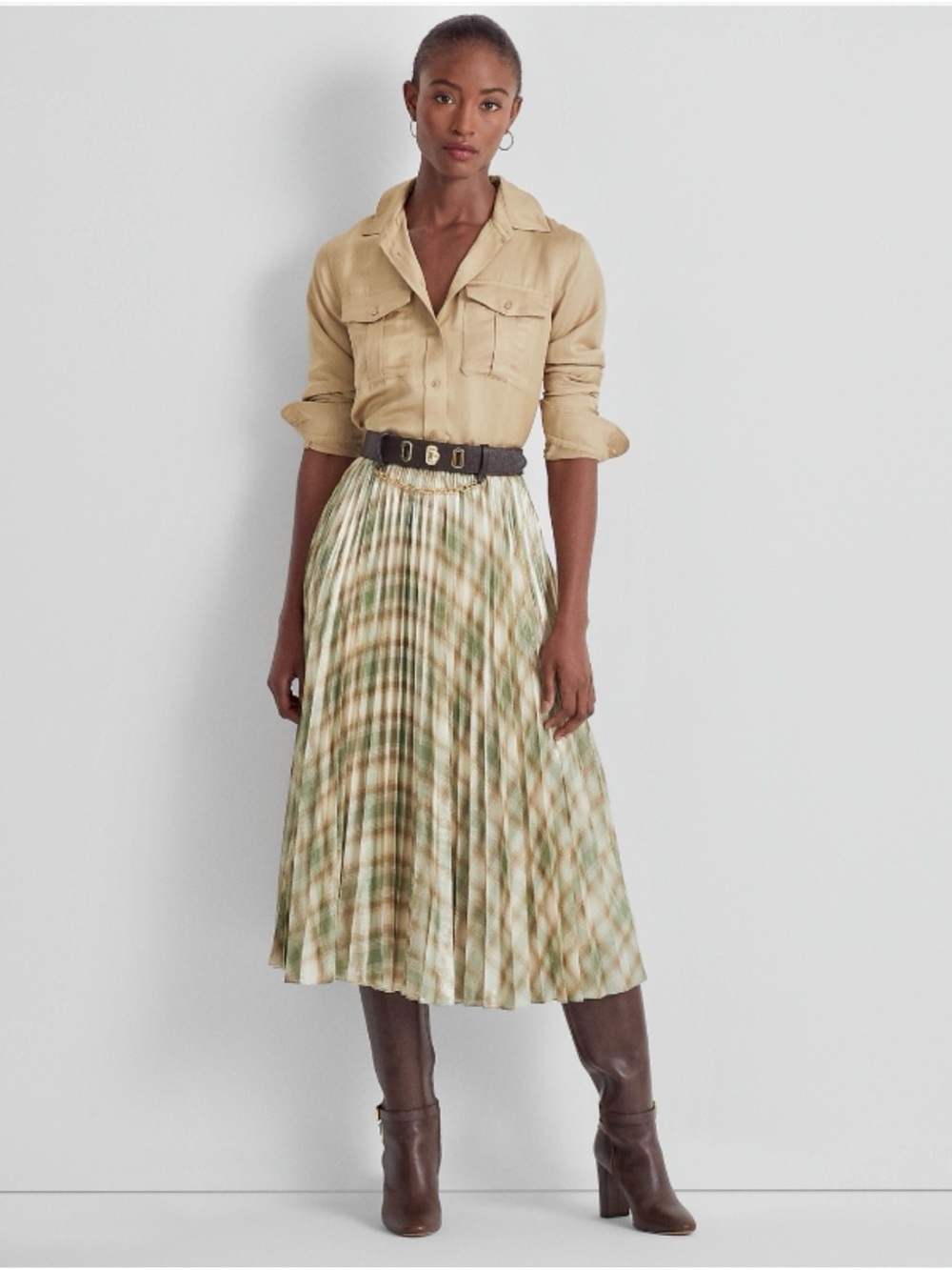 Lauren Ralph Lauren Plaid Pleated
Georgette Skirt - Cream Olive